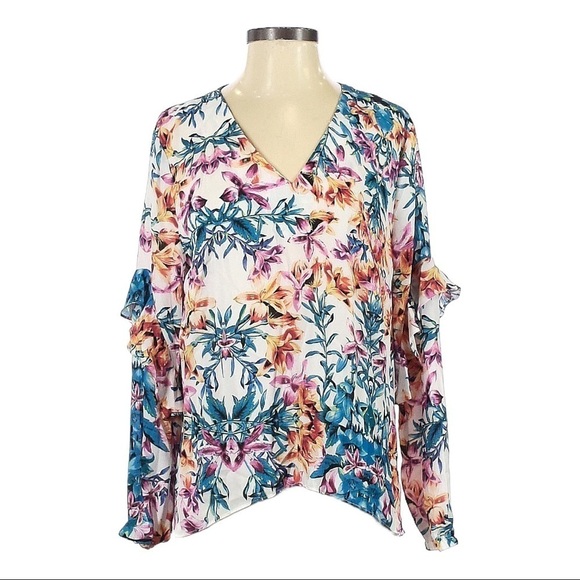 Nicole Miller New York Floral Tropical Ruffle Long Sleeve Blouse Size S NWT - Picture 1 of 10